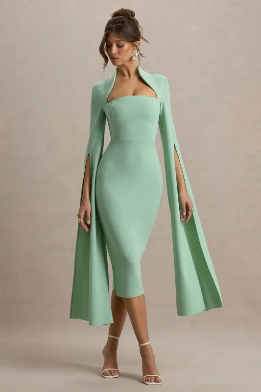 Linden | Light Green Bodycon Cape-Sleeve Midi Dress sold by Club L London