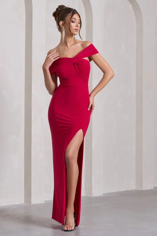 Kara | Red Asymmetric Twisted Bardot Split Maxi Dress sold by Club L London