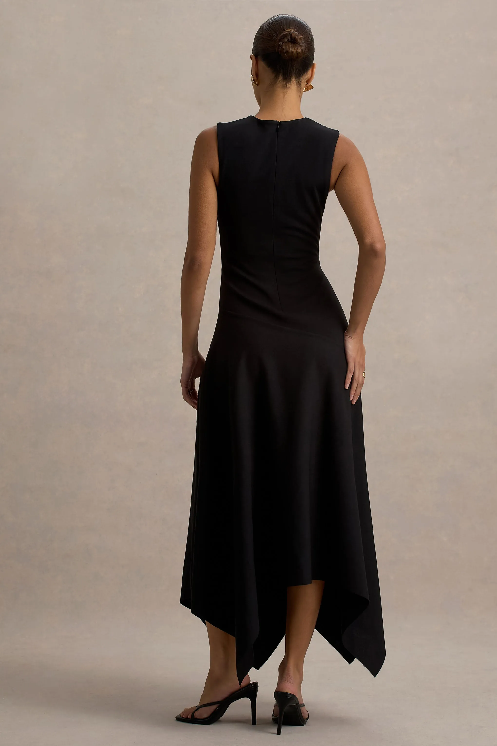 Francesca | Black Knotted Midi Dress With Handkerchief Hem sold by Club L London product image thumbnail 2