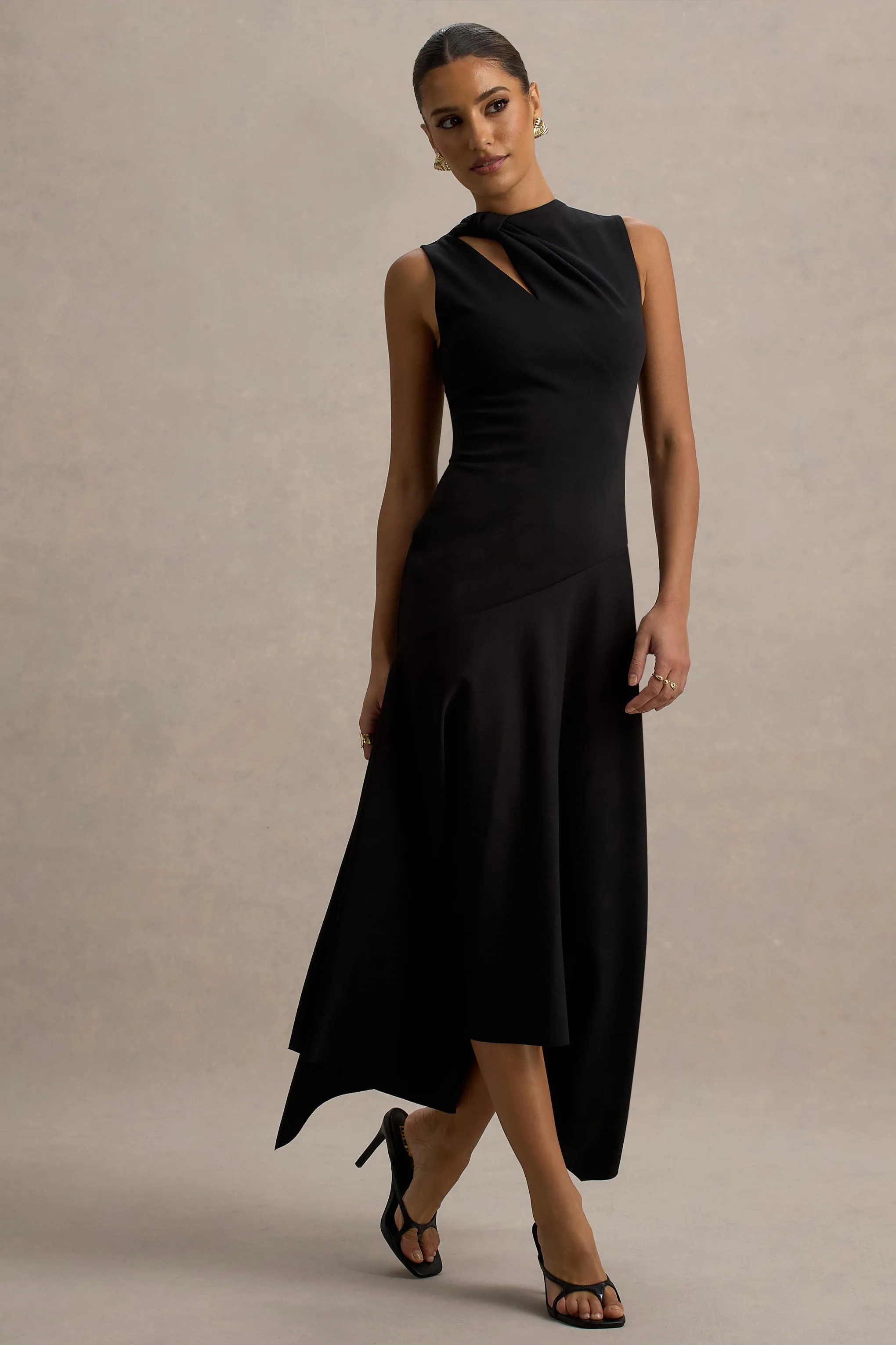Francesca | Black Knotted Midi Dress With Handkerchief Hem sold by Club L London product image thumbnail 4