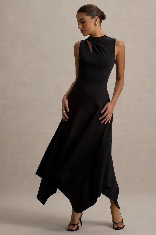 Francesca | Black Knotted Midi Dress With Handkerchief Hem sold by Club L London