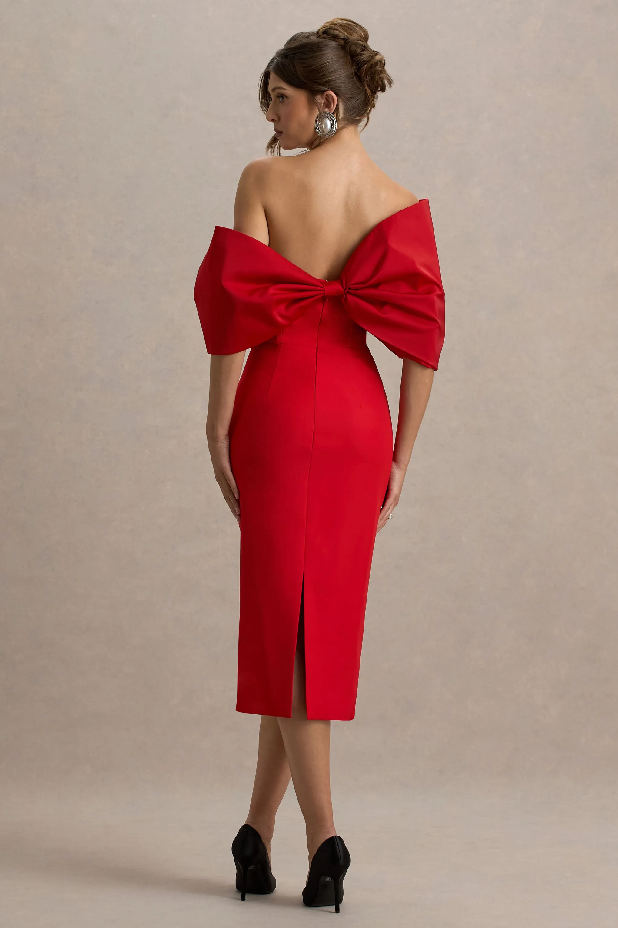 Lucille | Red Asymmetric Bardot Midi Dress With Bow Detail sold by Club L London product image thumbnail 2