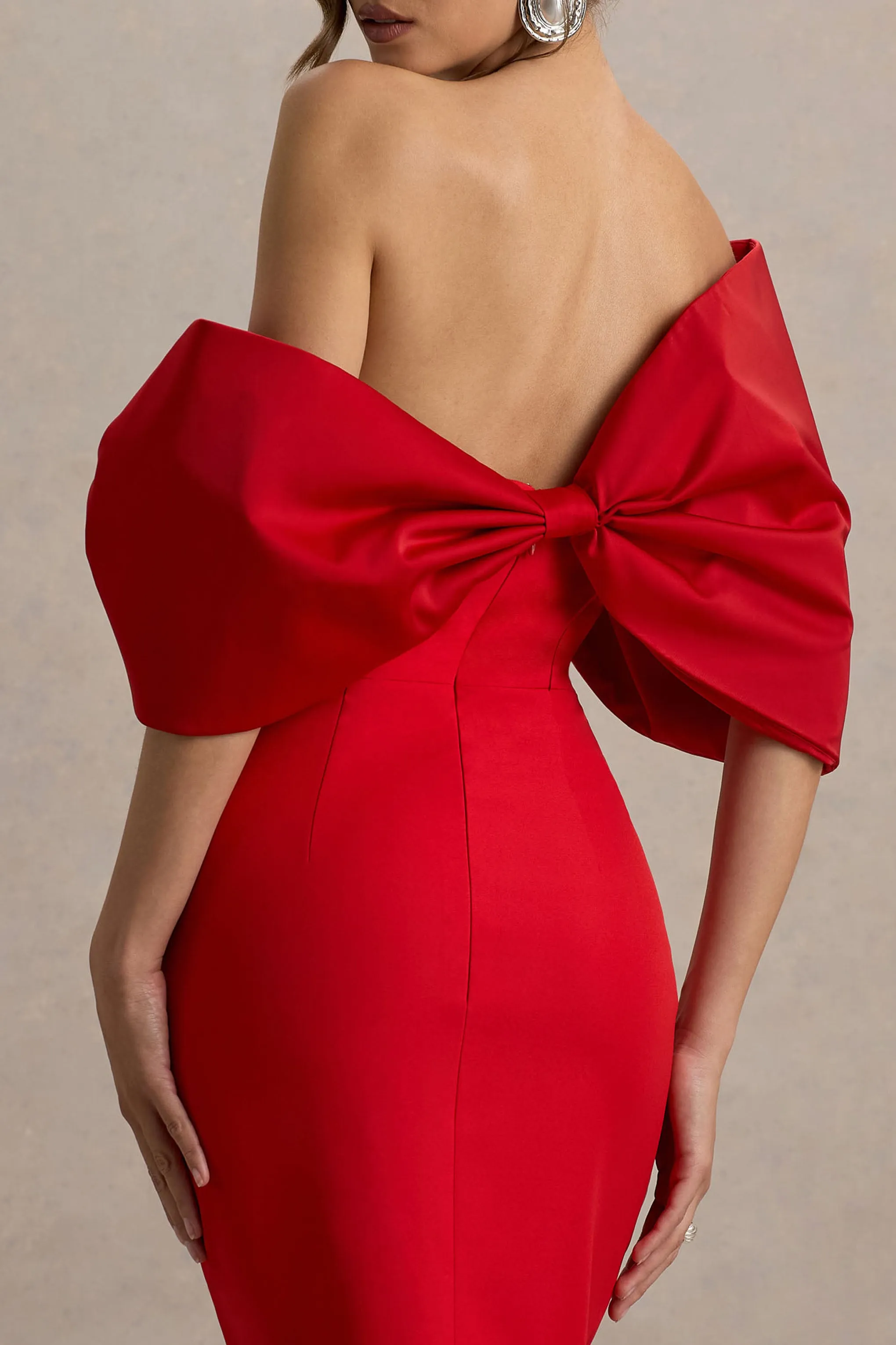Lucille | Red Asymmetric Bardot Midi Dress With Bow Detail sold by Club L London product image thumbnail 3