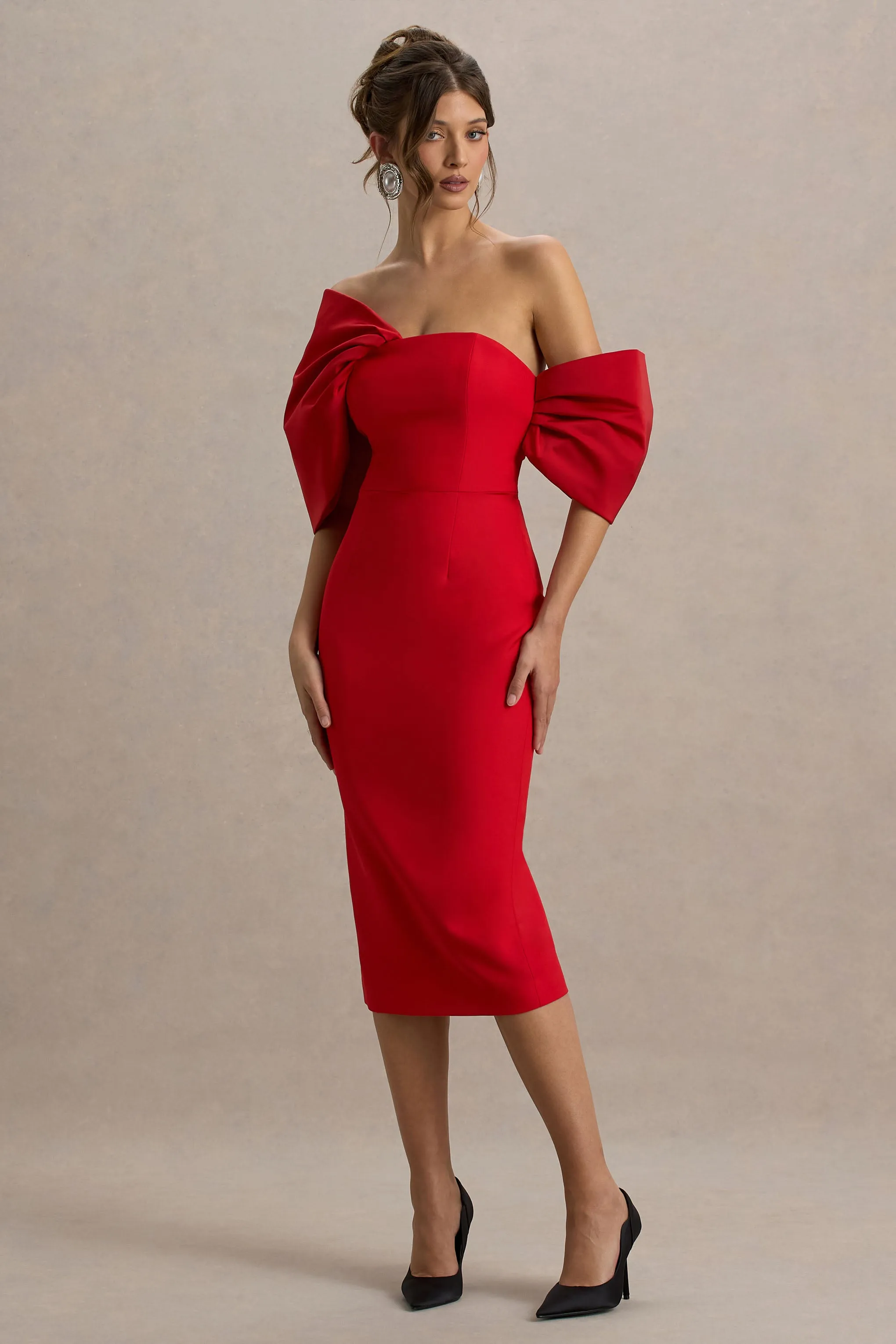 Lucille | Red Asymmetric Bardot Midi Dress With Bow Detail sold by Club L London product image thumbnail 4