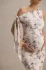 Katarine | Peach Floral Print Asymmetric Knot Maternity Midi Dress sold by Club L London