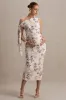 Katarine | Peach Floral Print Asymmetric Knot Maternity Midi Dress sold by Club L London