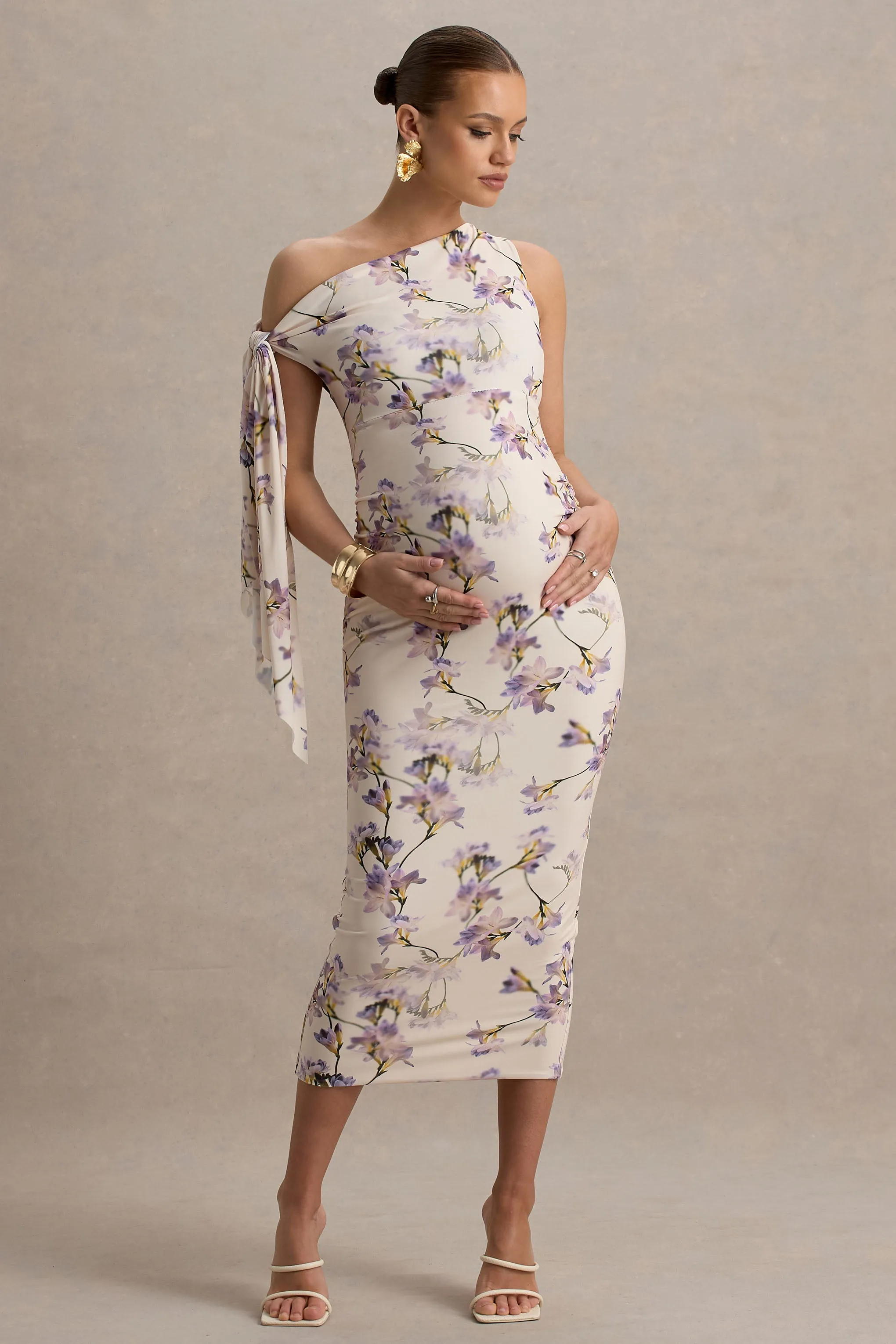 Katarine | Peach Floral Print Asymmetric Knot Maternity Midi Dress sold by Club L London product image thumbnail 4
