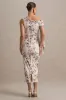 Katarine | Peach Floral Print Asymmetric Knot Maternity Midi Dress sold by Club L London