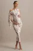 Katarine | Peach Floral Print Asymmetric Knot Maternity Midi Dress sold by Club L London