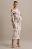 Katarine | Peach Floral Print Asymmetric Knot Maternity Midi Dress sold by Club L London