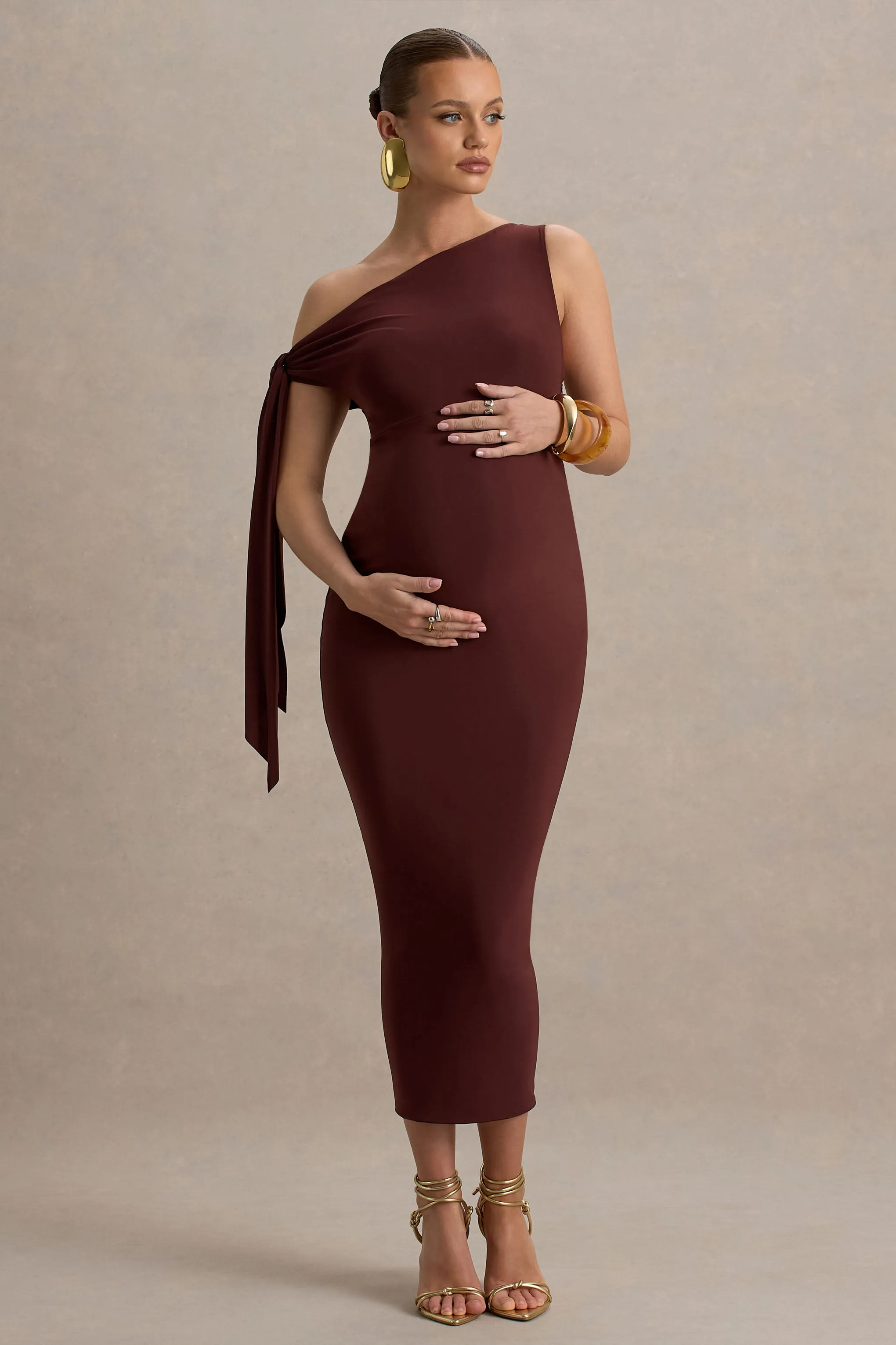Katarine | Brown Asymmetric Knot Maternity Midi Dress sold by Club L London product image thumbnail 4