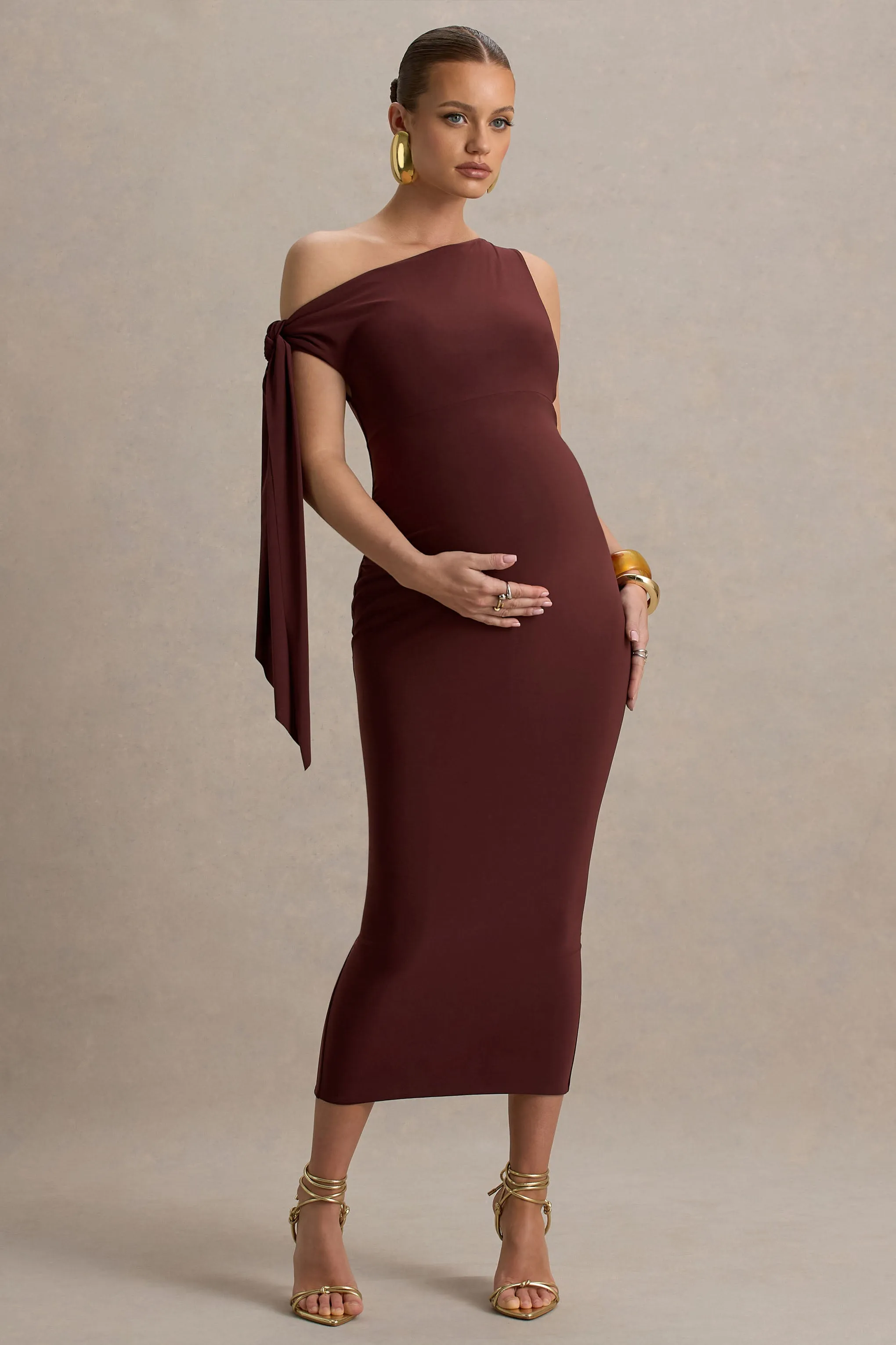 Katarine | Brown Asymmetric Knot Maternity Midi Dress sold by Club L London product image thumbnail 5