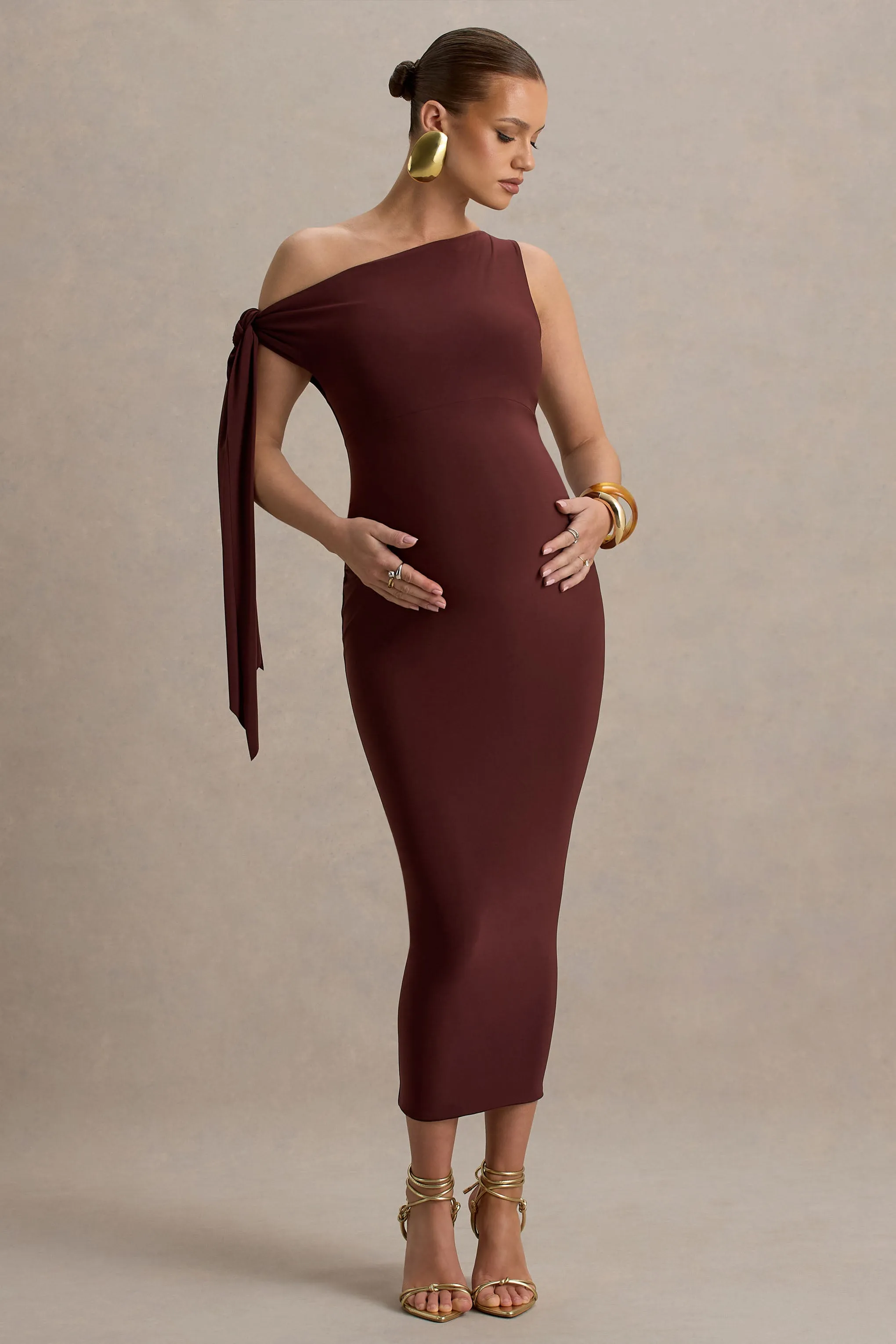 Katarine | Brown Asymmetric Knot Maternity Midi Dress sold by Club L London