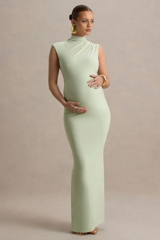 Kienna | Light Green Ruched High-Neck Maternity Maxi Dress sold by Club L London