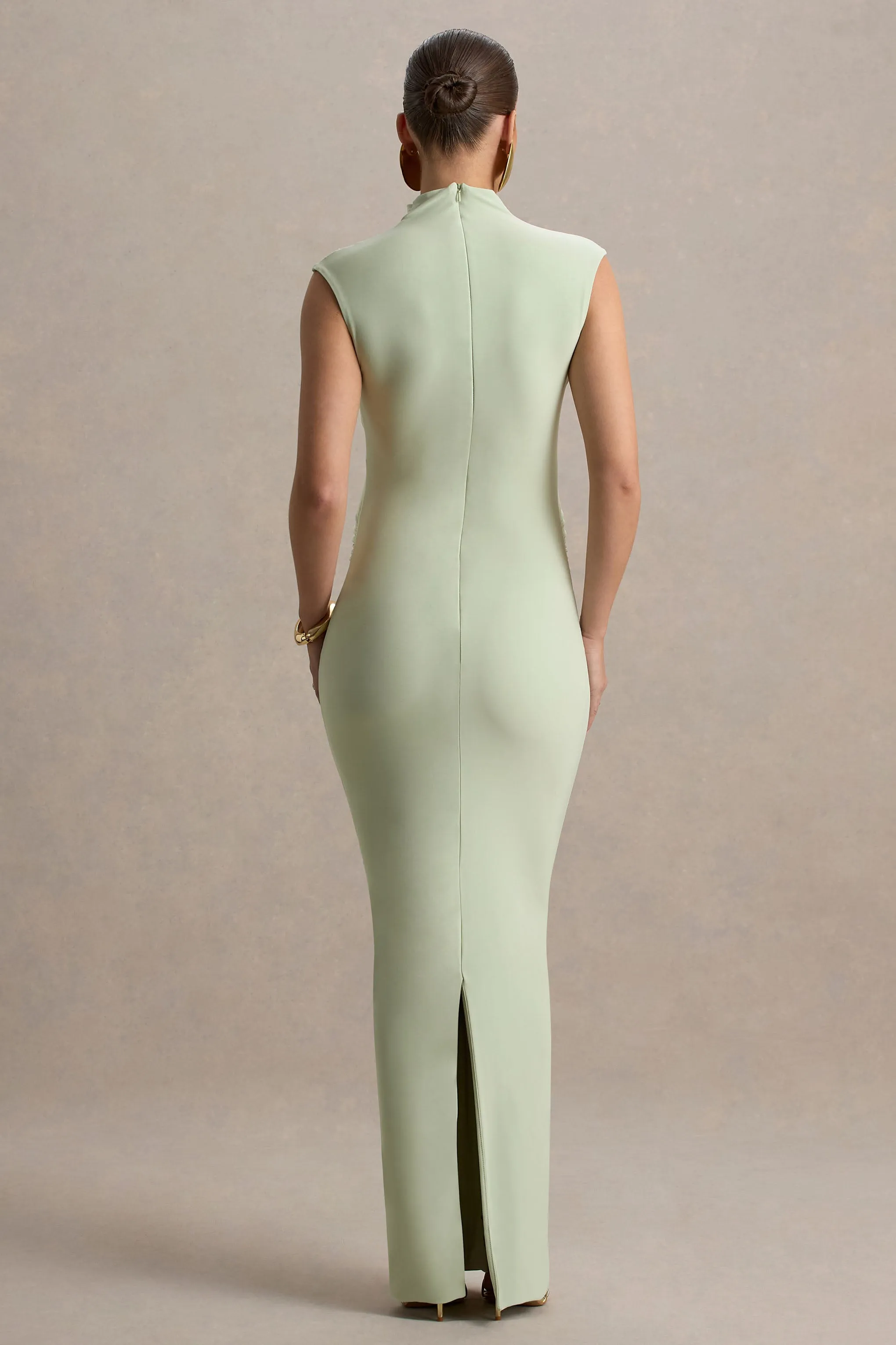 Kienna | Light Green Ruched High-Neck Maternity Maxi Dress sold by Club L London product image thumbnail 2