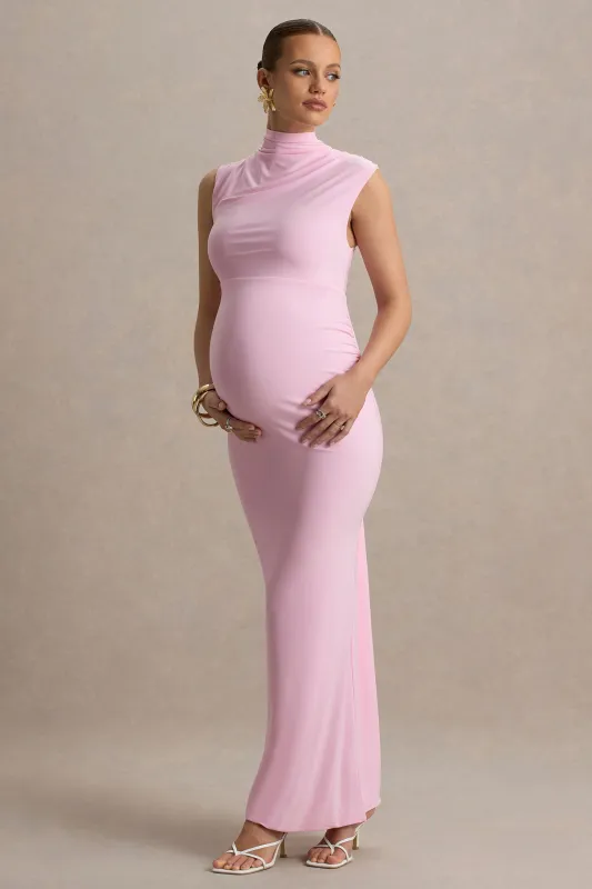 Kienna | Pink Ruched High-Neck Maternity Maxi Dress sold by Club L London