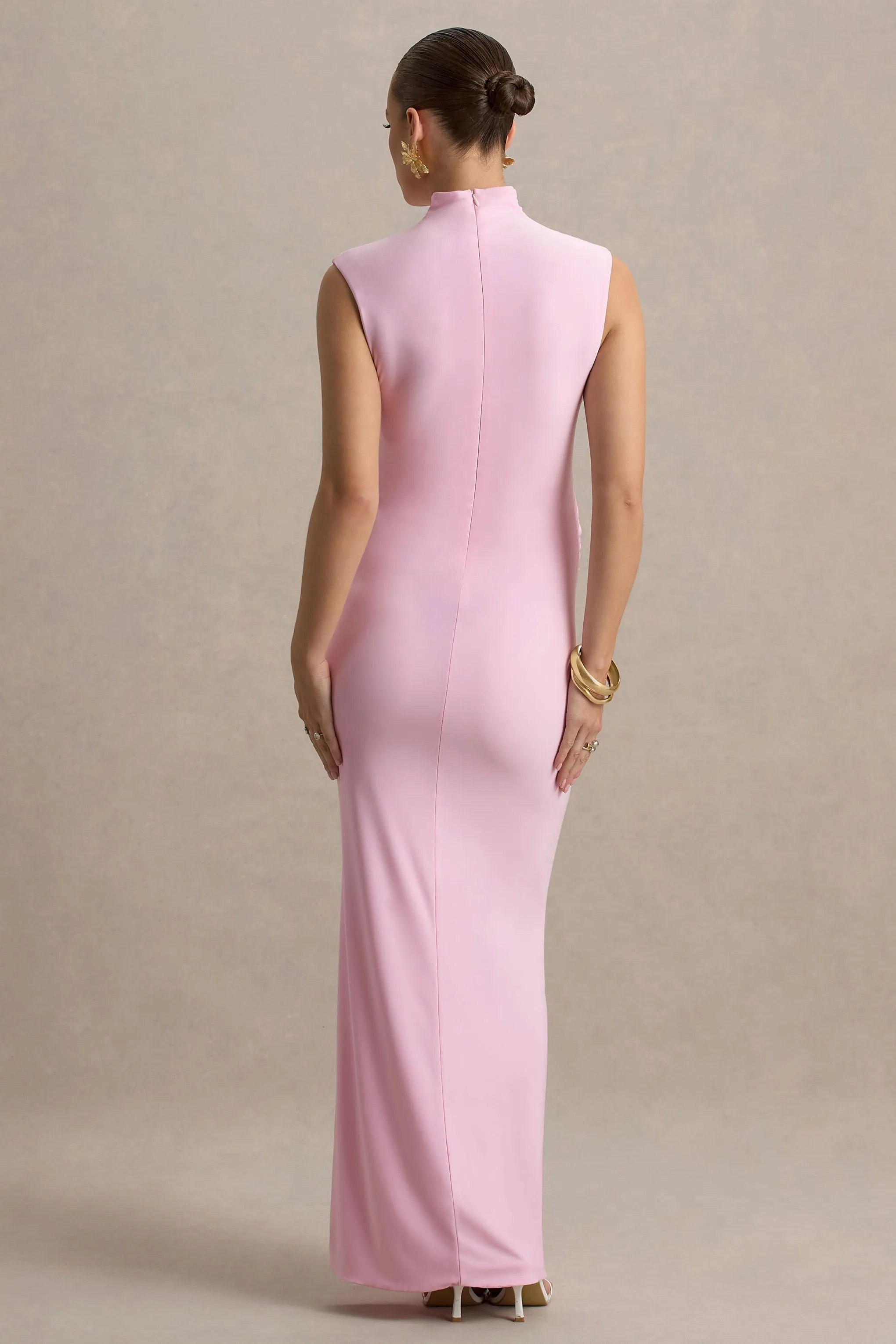 Kienna | Pink Ruched High-Neck Maternity Maxi Dress sold by Club L London product image thumbnail 2