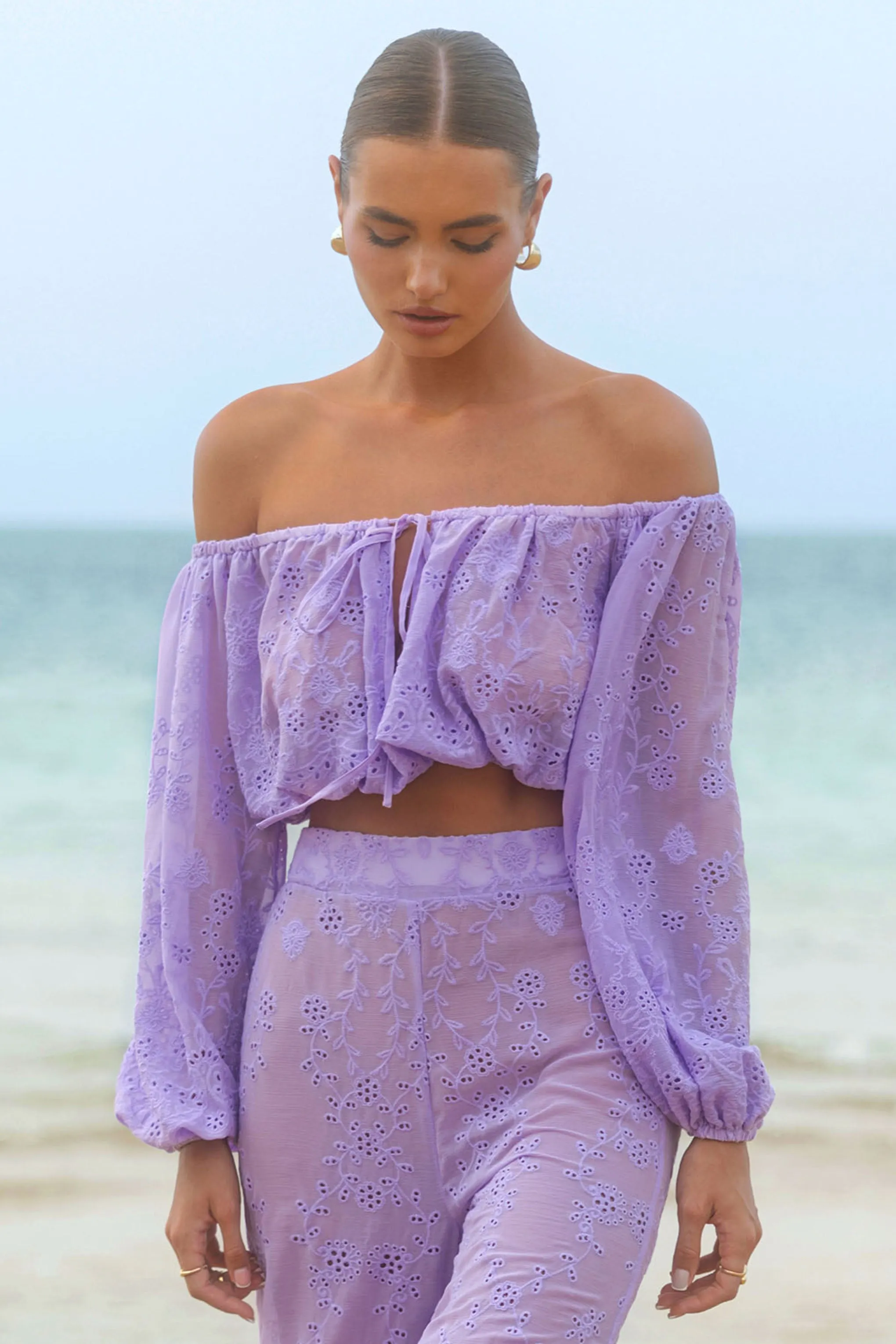 Fabienne | Lilac Broidery Bardot Puff-Sleeve Top sold by Club L London product image thumbnail 4