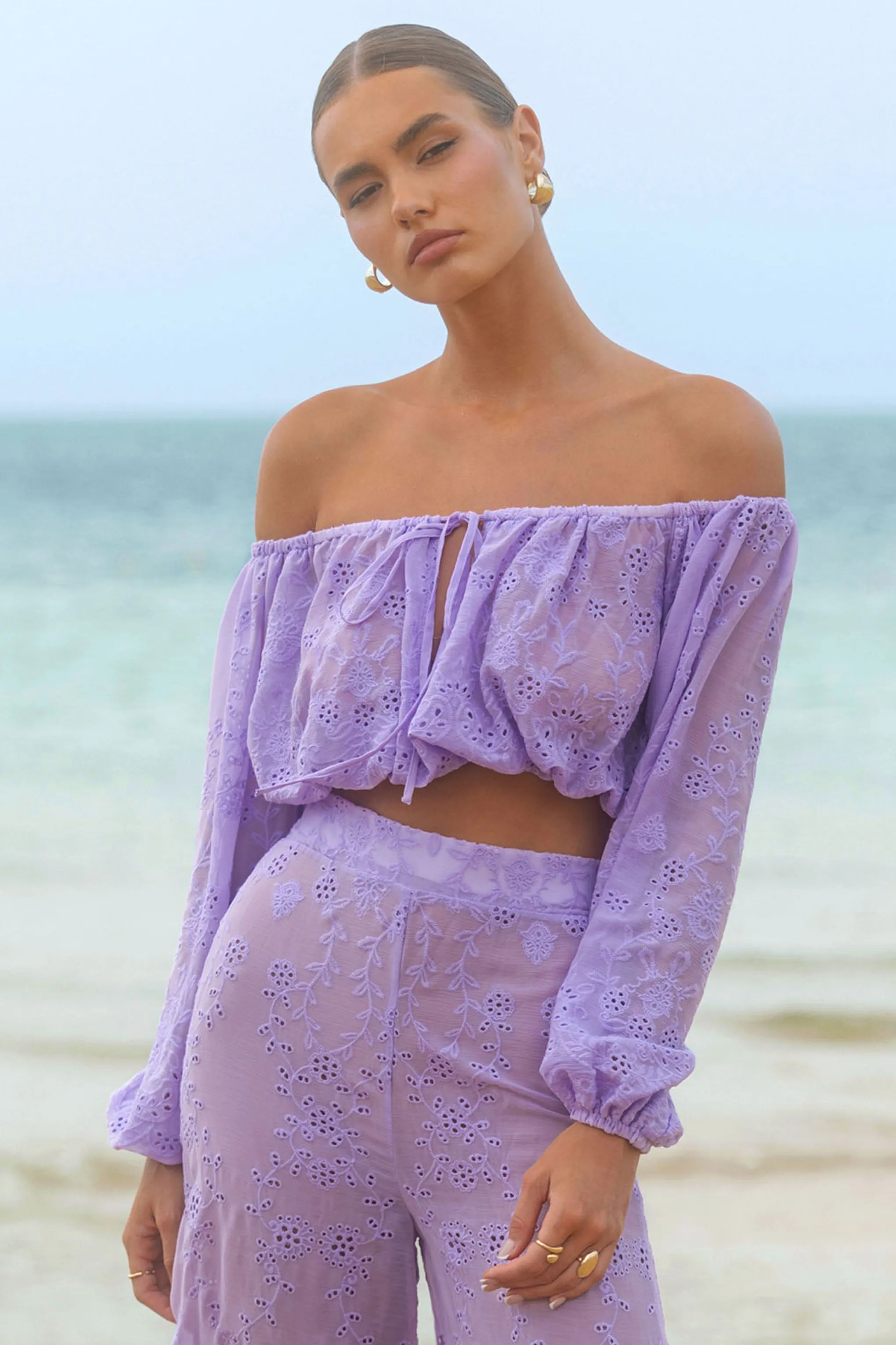 Fabienne | Lilac Broidery Bardot Puff-Sleeve Top sold by Club L London product image thumbnail 5
