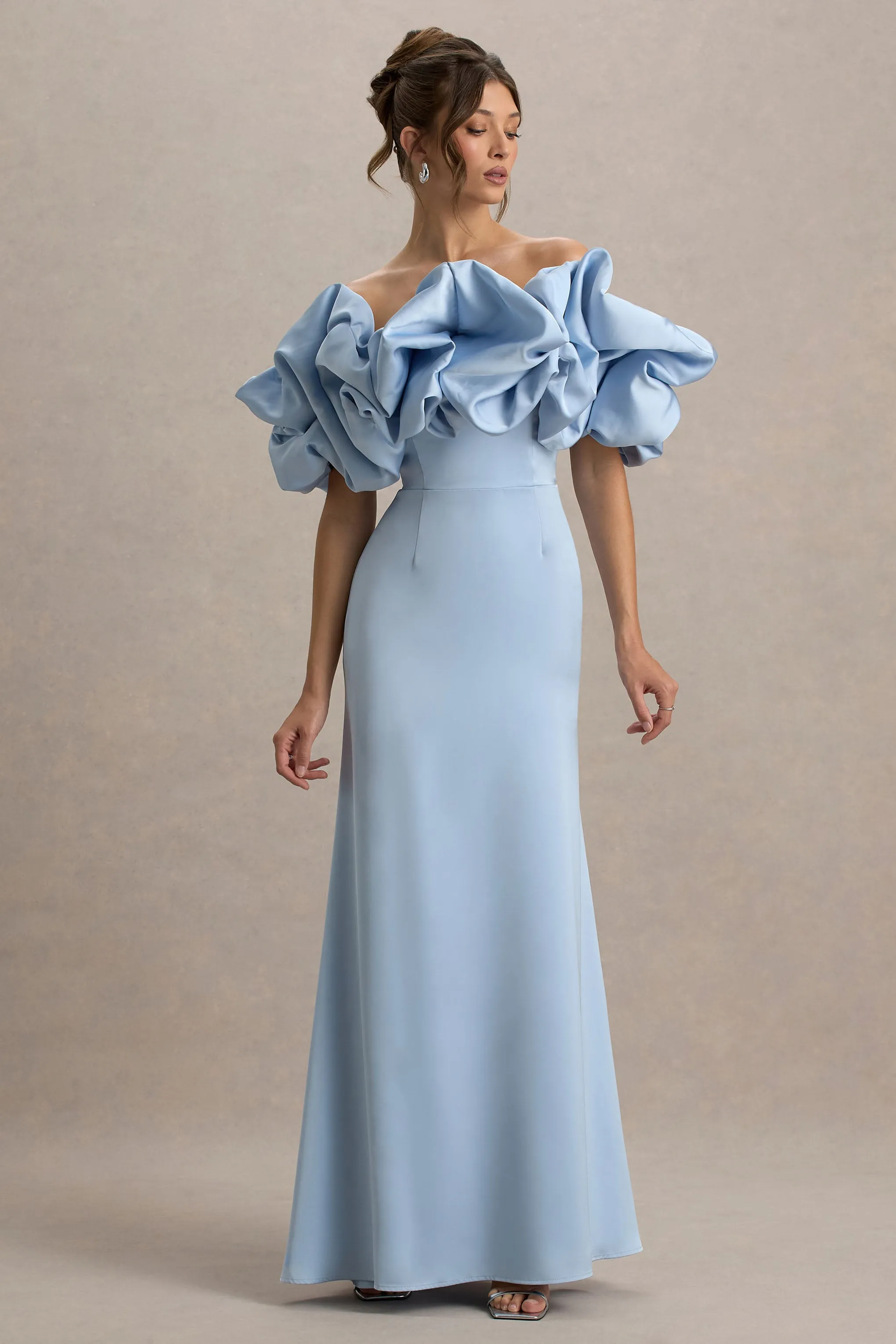 Allie | Powder Blue Puff Bardot Maxi Dress sold by Club L London
