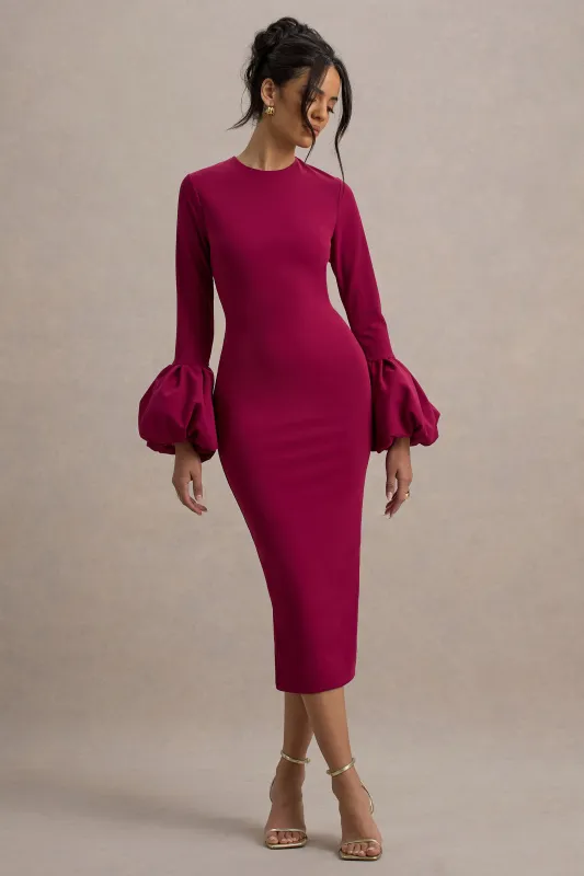 Celie | Mulberry Long-Sleeve Midi Dress With Puff Cuffs sold by Club L London