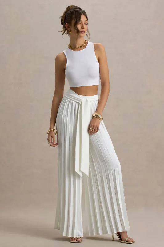 Eclipse | Cream Pleated Wide-Leg Trousers sold by Club L London