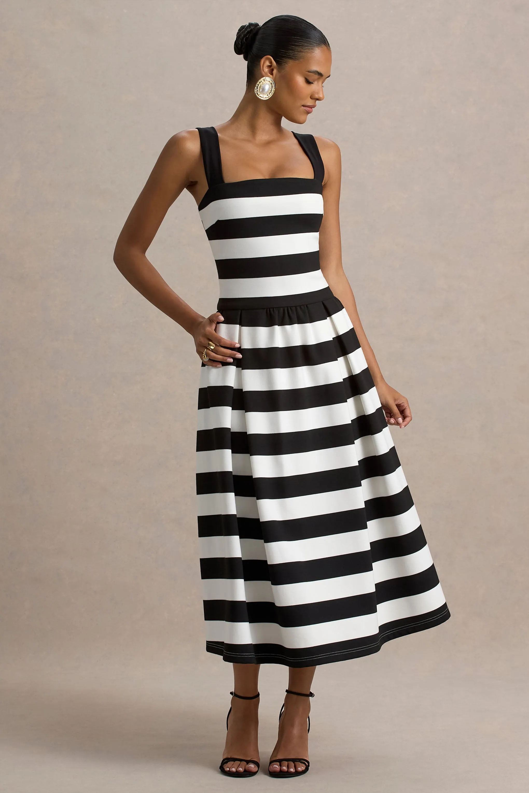 Monte Carlo | Black & White Striped Square-Neck Drop-Waist Midi Dress sold by Club L London product image thumbnail 2