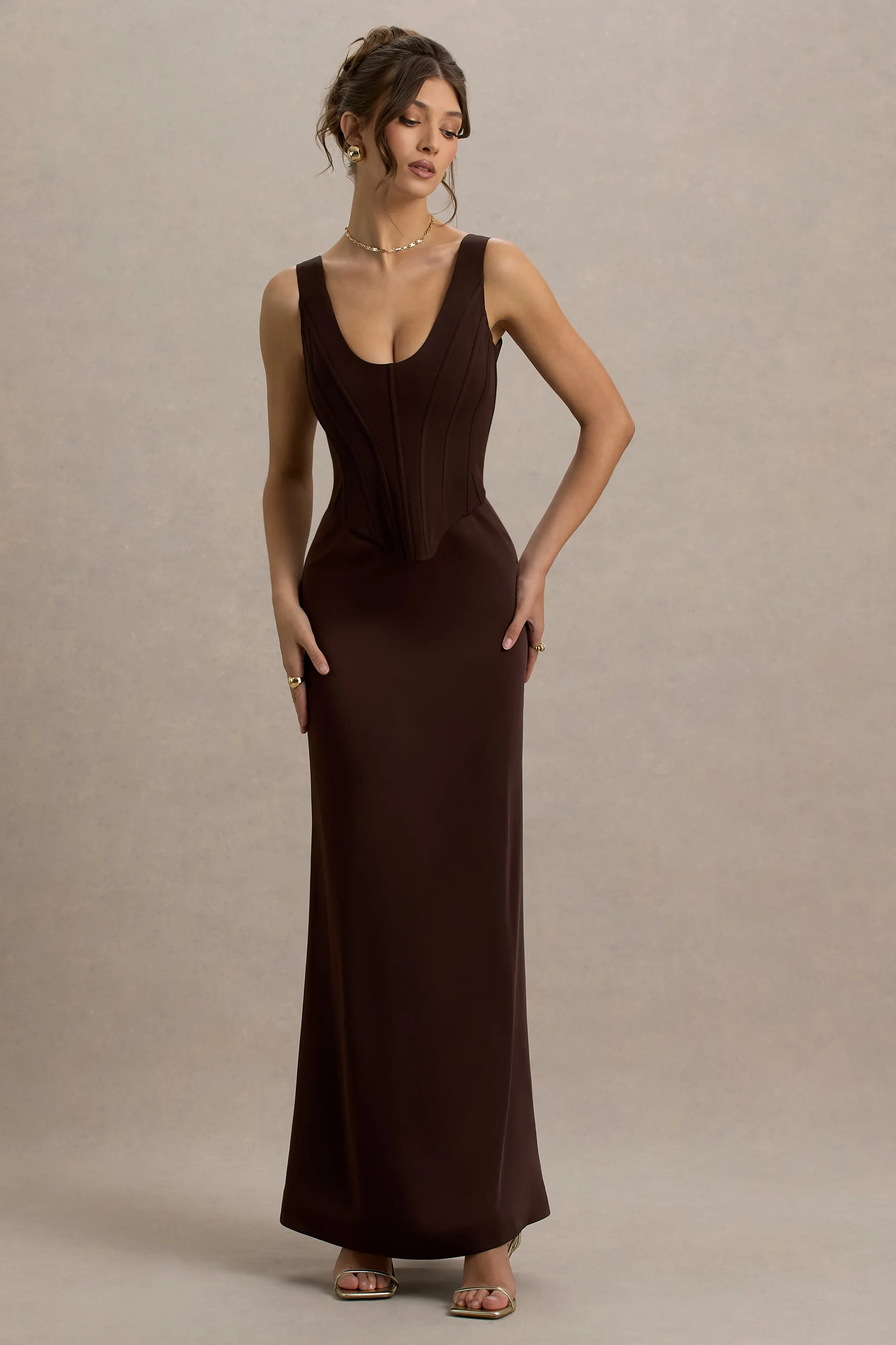 Morgan | Brown Satin Corset Maxi Dress sold by Club L London product image thumbnail 4
