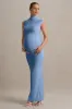 Kienna | Powder Blue Ruched High-Neck Maternity Maxi Dress sold by Club L London