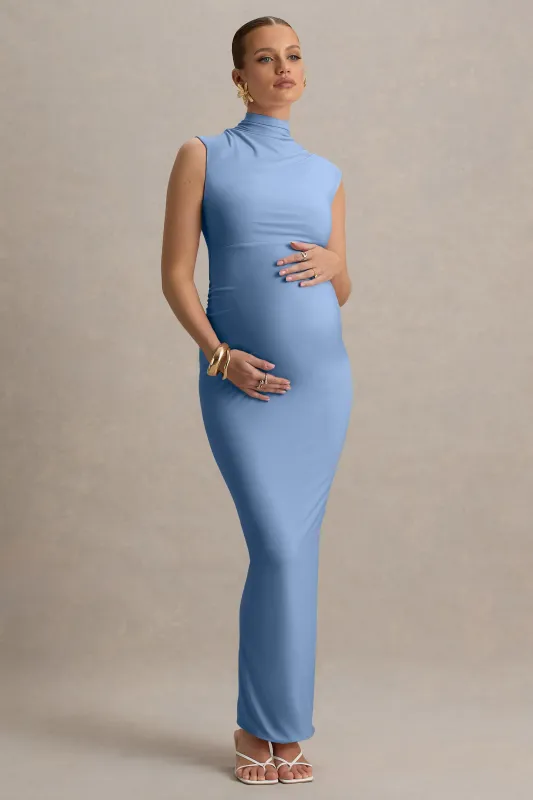 Kienna | Powder Blue Ruched High-Neck Maternity Maxi Dress sold by Club L London
