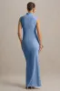 Kienna | Powder Blue Ruched High-Neck Maternity Maxi Dress sold by Club L London