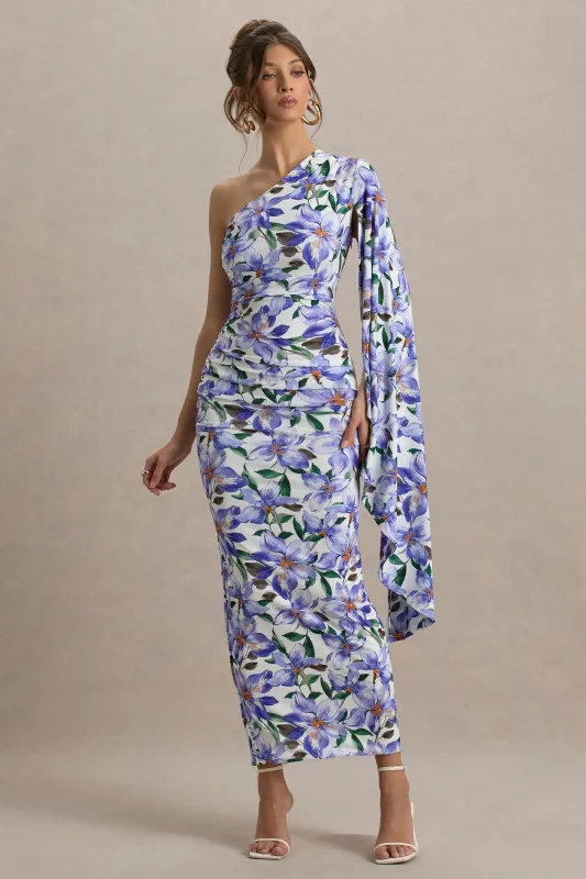 Clementina | Purple Lily Print Asymmetric Cape Sleeve Maxi Dress sold by Club L London