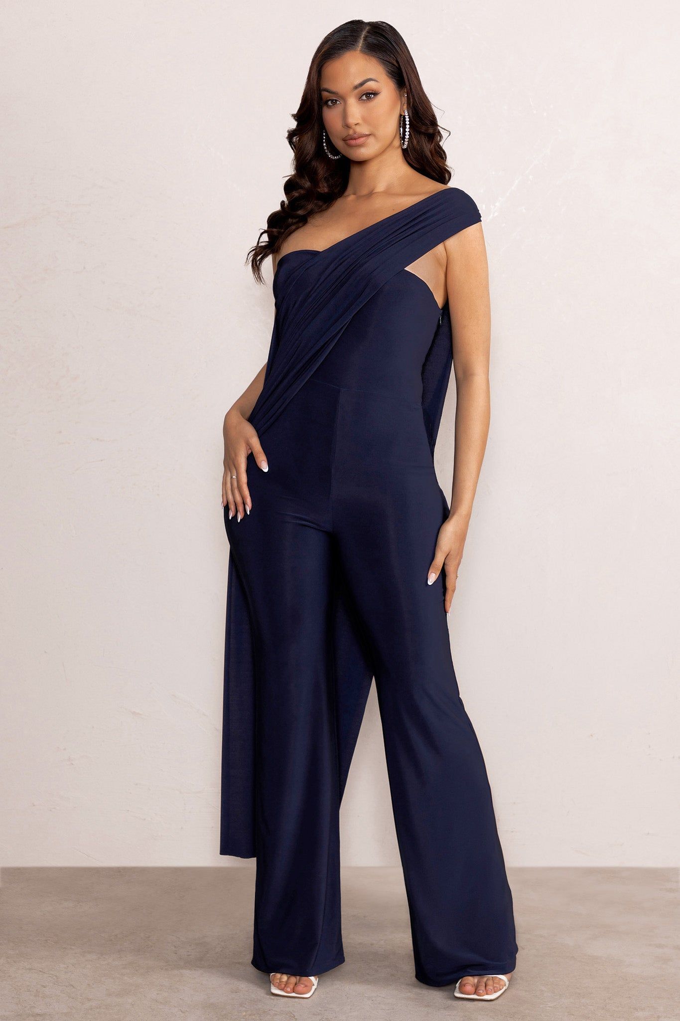 Kendra | Navy Asymmetric Bandeau Jumpsuit with Drape sold by Club L London product image thumbnail 3