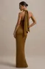 Lynette | Olive Satin Plunge-Neck Asymmetric Maxi Dress sold by Club L London