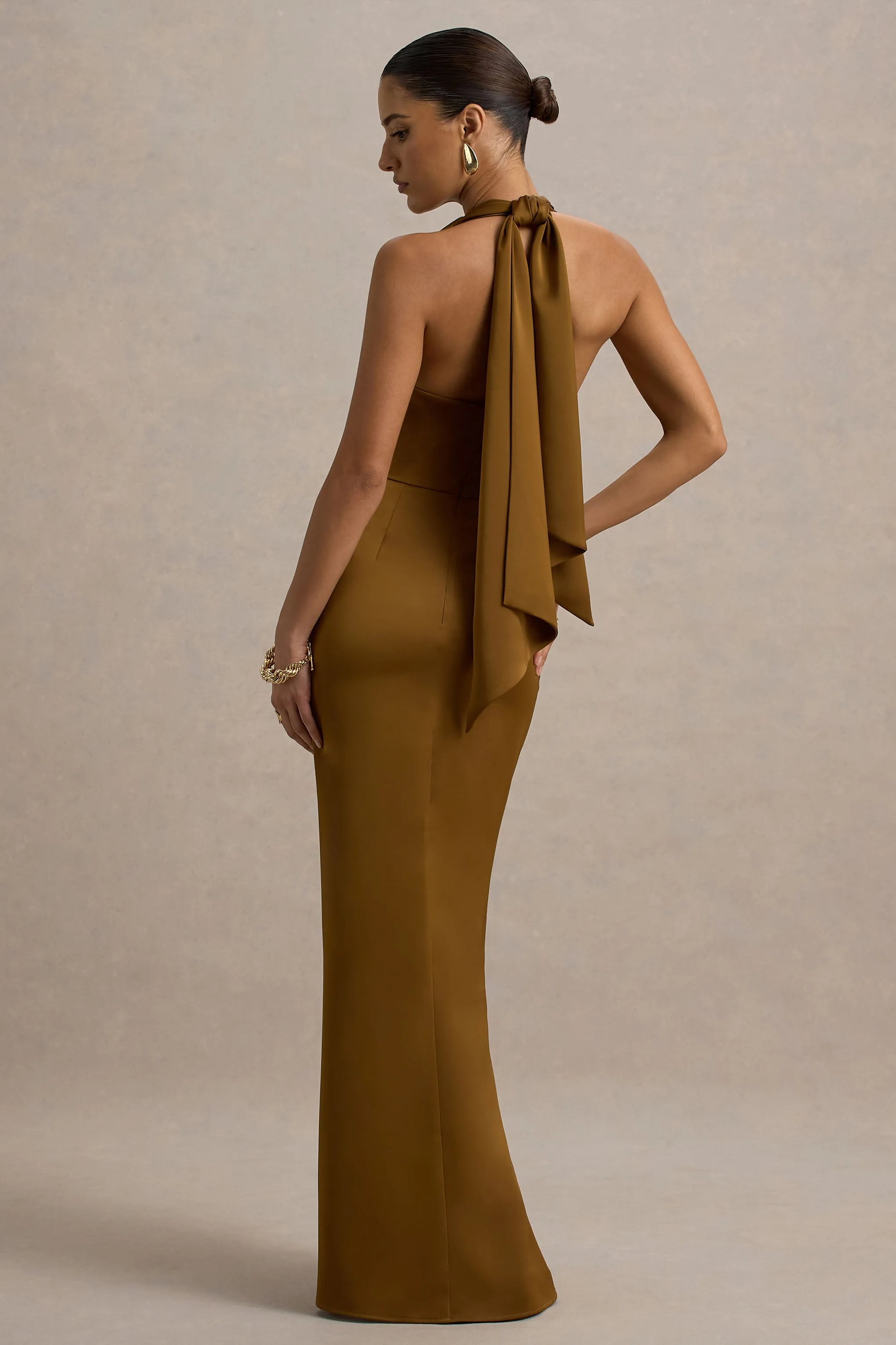 Lynette | Olive Satin Plunge-Neck Asymmetric Maxi Dress sold by Club L London product image thumbnail 2