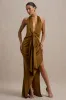 Lynette | Olive Satin Plunge-Neck Asymmetric Maxi Dress sold by Club L London