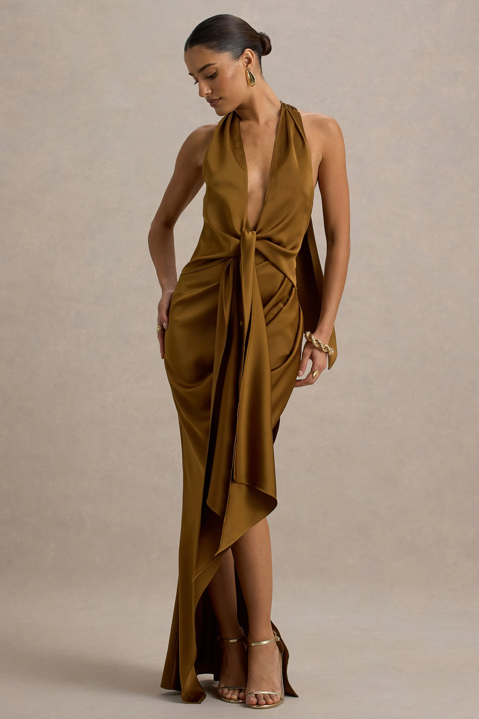 Lynette | Olive Satin Plunge-Neck Asymmetric Maxi Dress sold by Club L London product image thumbnail 4