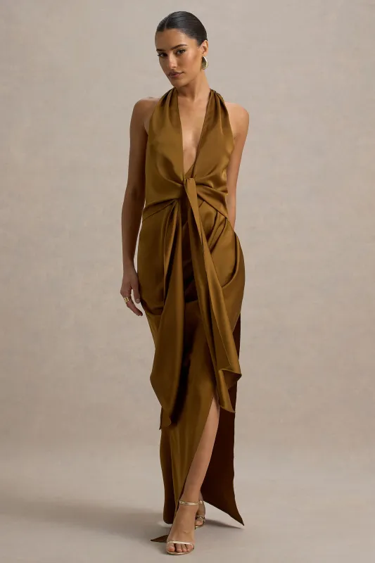 Lynette | Olive Satin Plunge-Neck Asymmetric Maxi Dress sold by Club L London