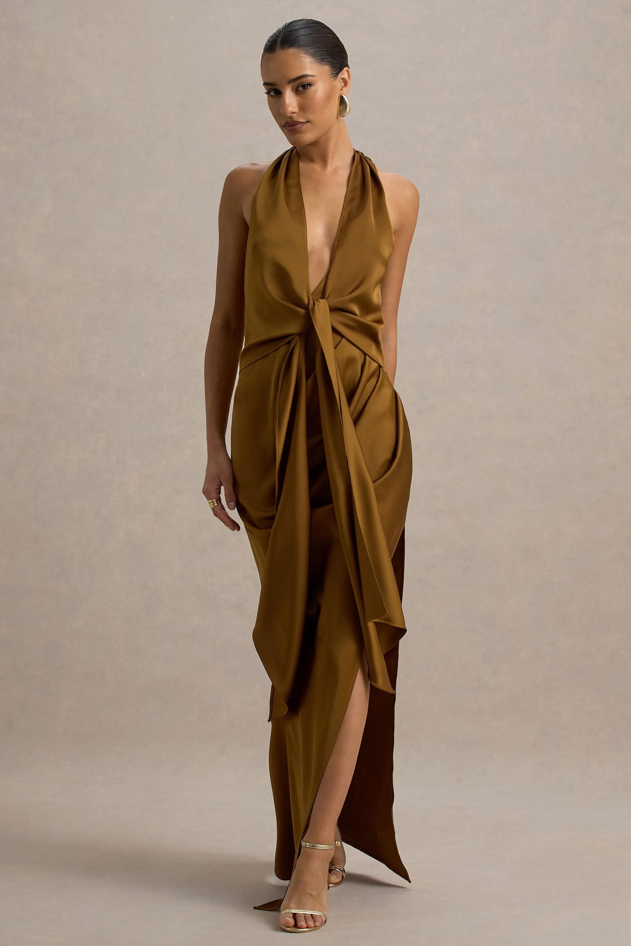 Lynette | Olive Satin Plunge-Neck Asymmetric Maxi Dress sold by Club L London