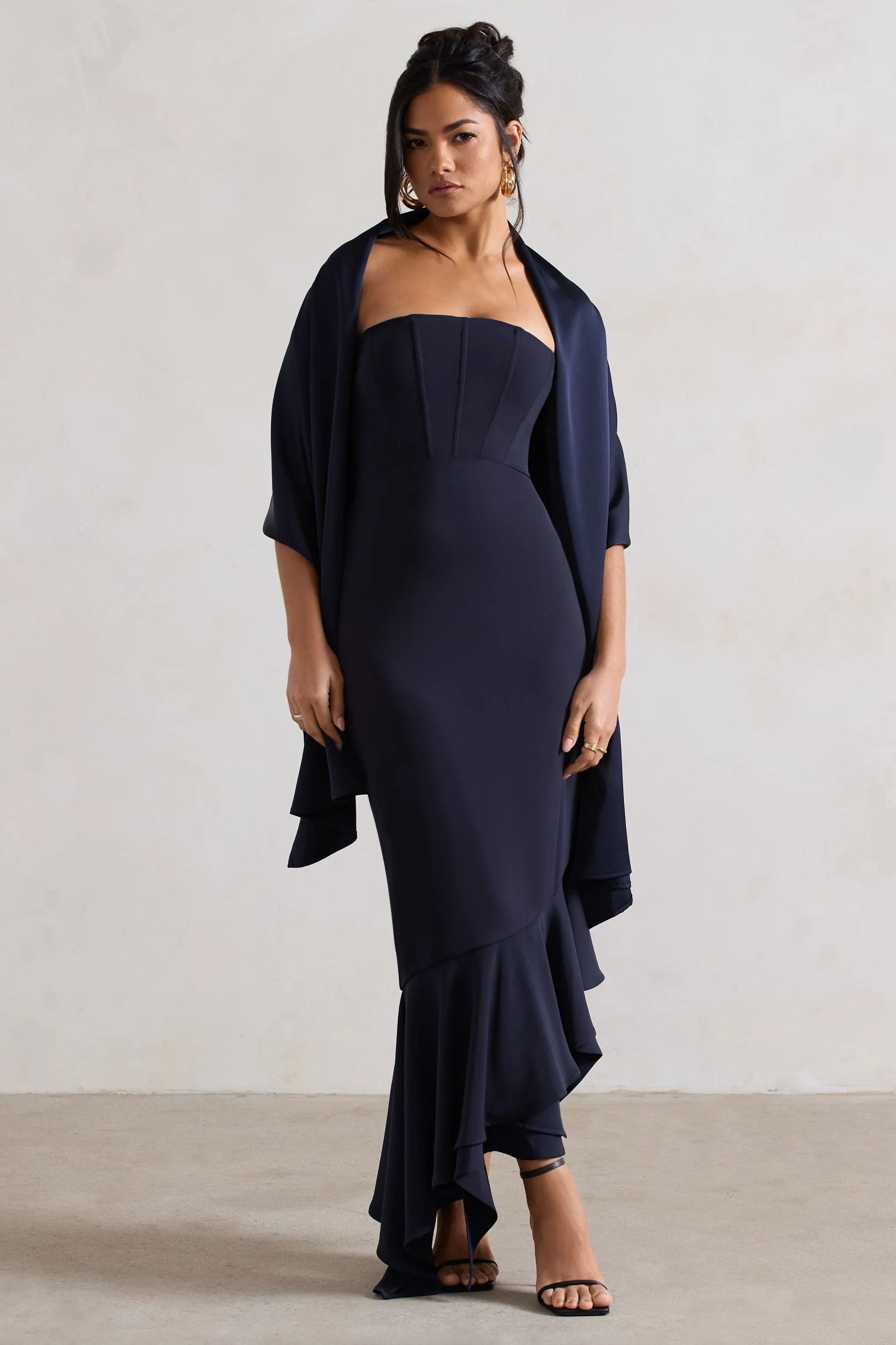 Lush | Navy Satin Shawl sold by Club L London
