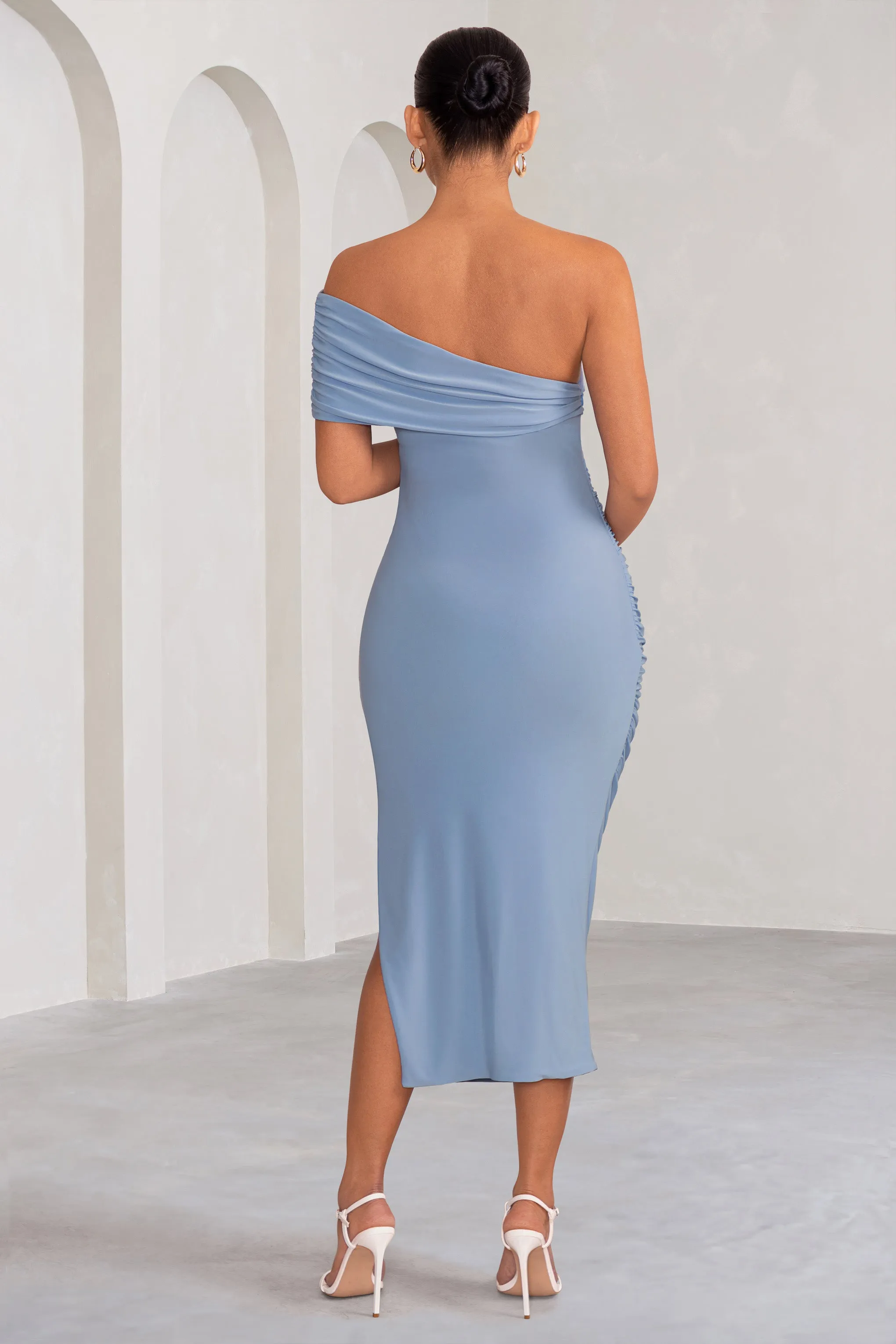 Odelia | Powder Blue Maternity Midi Dress with Asymmetric Sleeve and Side Split sold by Club L London product image thumbnail 2