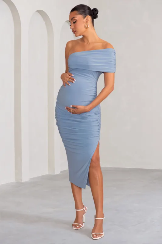 Odelia | Powder Blue Maternity Midi Dress with Asymmetric Sleeve and Side Split sold by Club L London