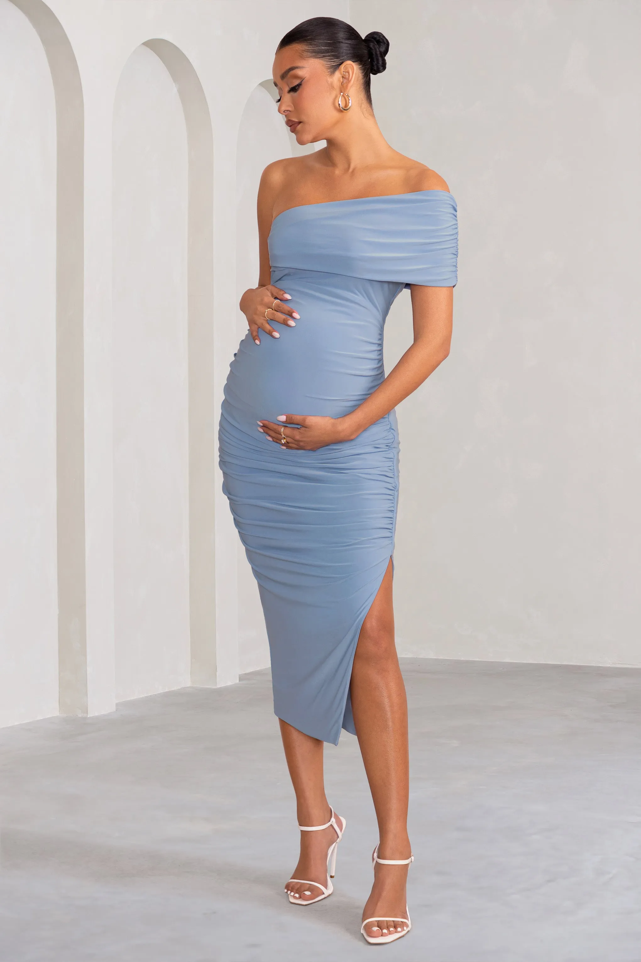 Odelia | Powder Blue Maternity Midi Dress with Asymmetric Sleeve and Side Split sold by Club L London