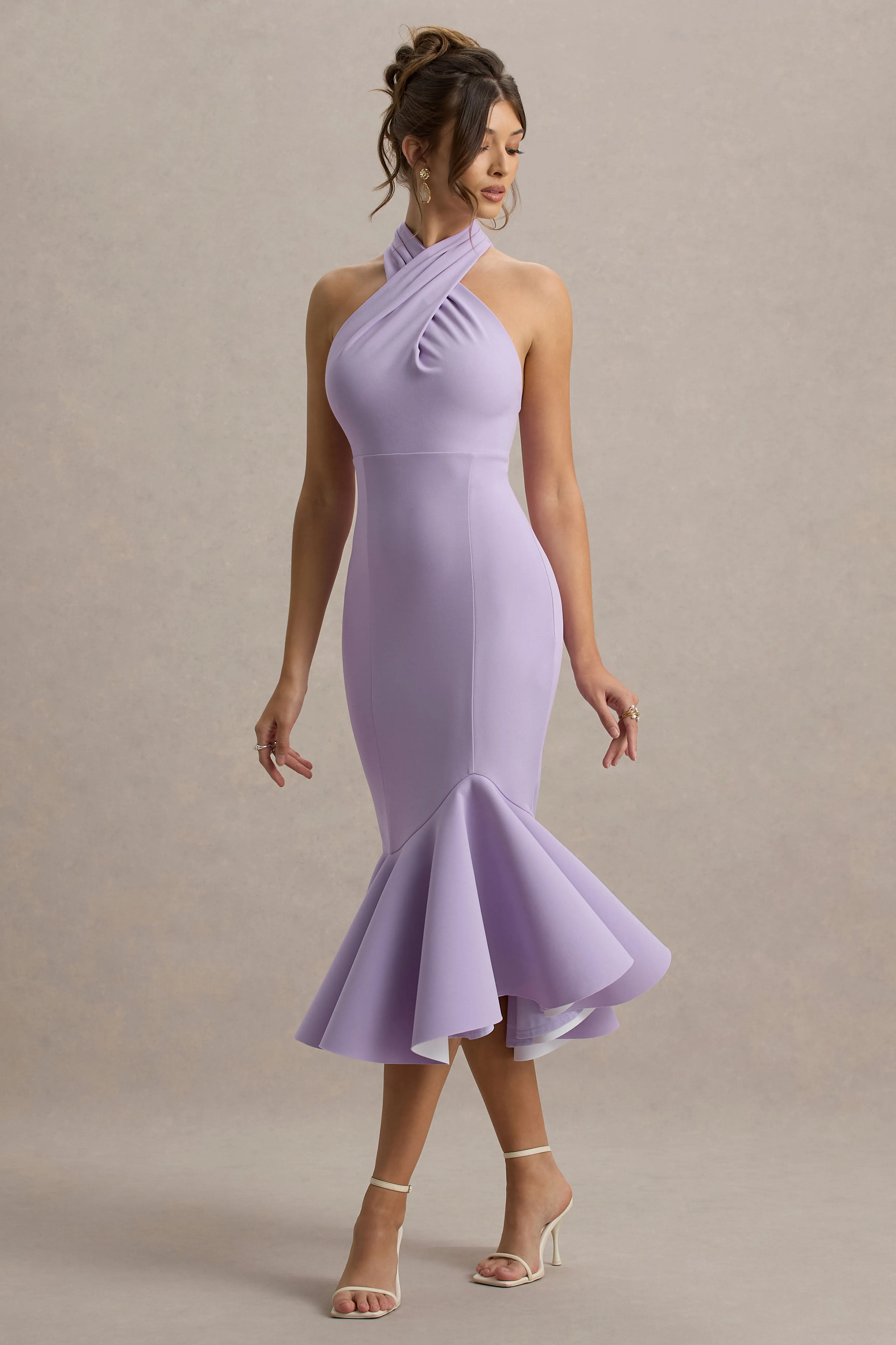 Valletta | Lilac Halter-Neck Ruffle-Trim Midi Dress sold by Club L London product image thumbnail 5