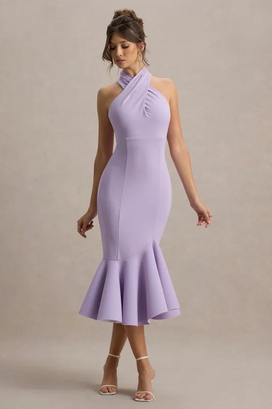 Valletta | Lilac Halter-Neck Ruffle-Trim Midi Dress sold by Club L London