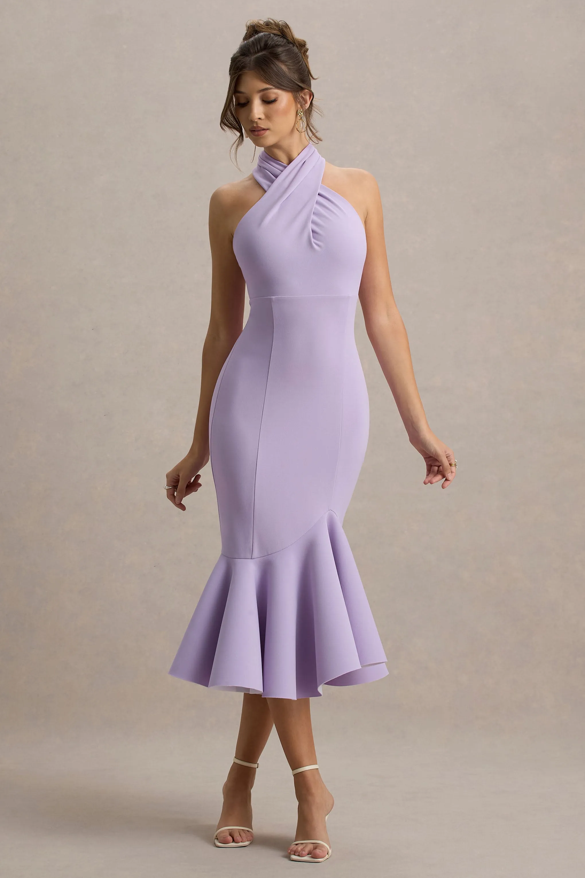 Valletta | Lilac Halter-Neck Ruffle-Trim Midi Dress sold by Club L London