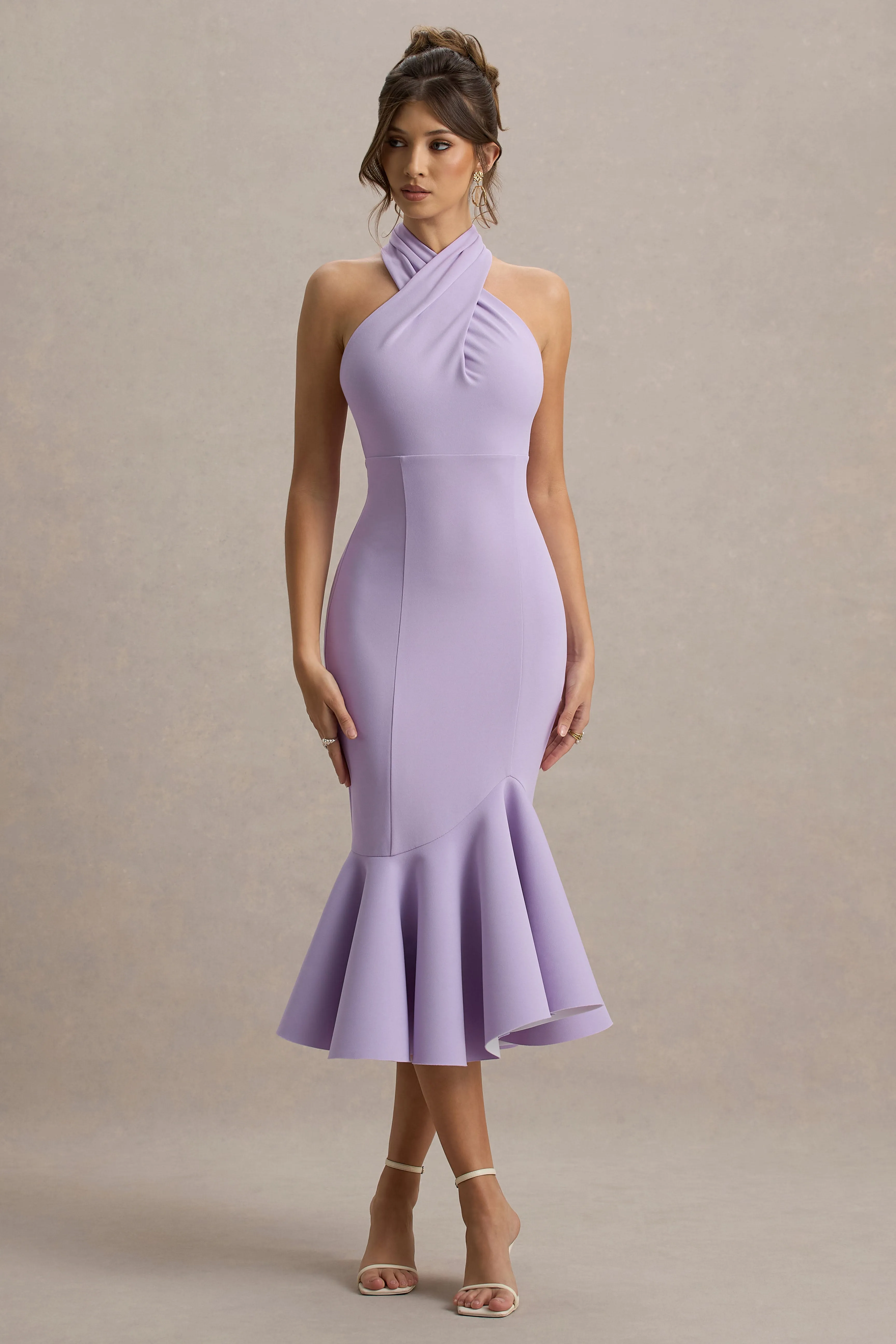 Valletta | Lilac Halter-Neck Ruffle-Trim Midi Dress sold by Club L London product image thumbnail 4
