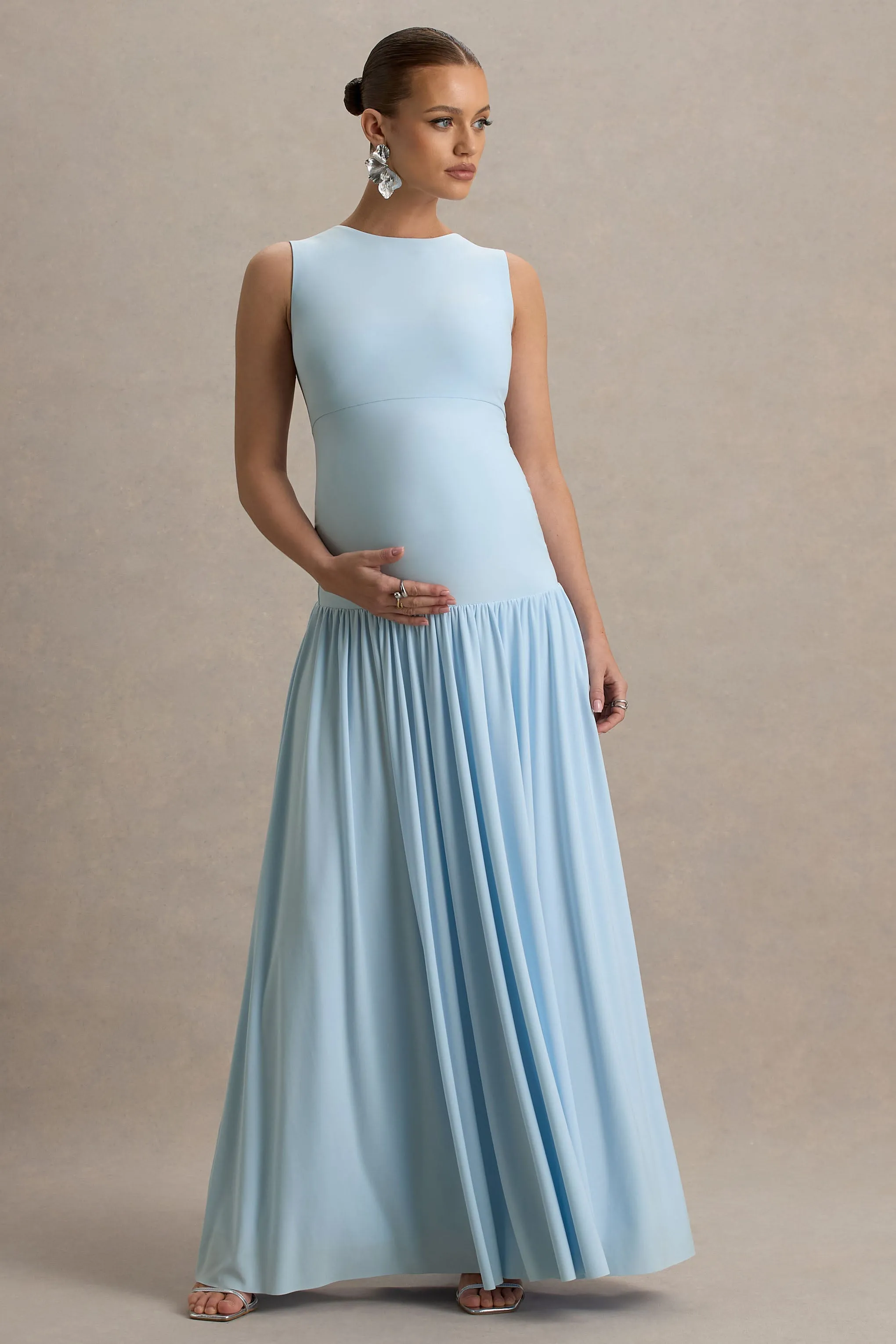 Outline | Powder Blue High-Neck Maternity Maxi Dress With Draped Skirt sold by Club L London product image thumbnail 5