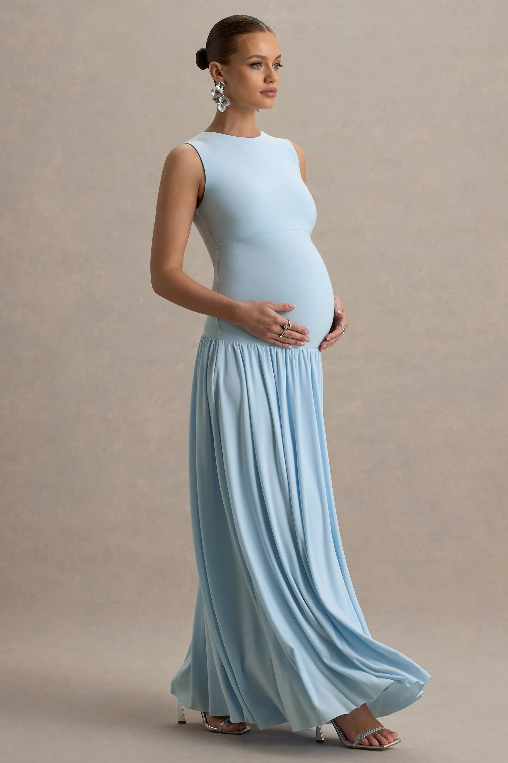 Outline | Powder Blue High-Neck Maternity Maxi Dress With Draped Skirt sold by Club L London product image thumbnail 4
