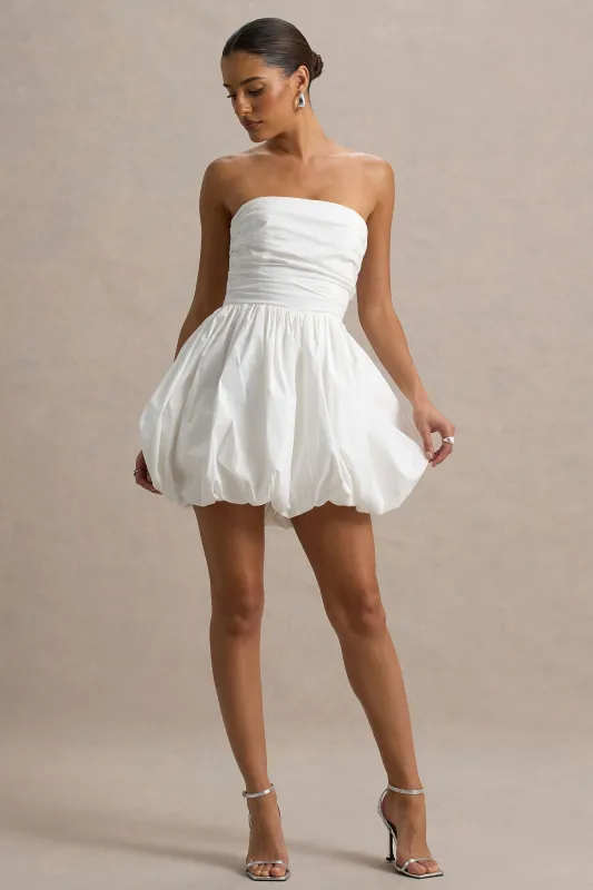Faye | White Puff Ball Bandeau Micro Mini Dress With Ruching Details sold by Club L London